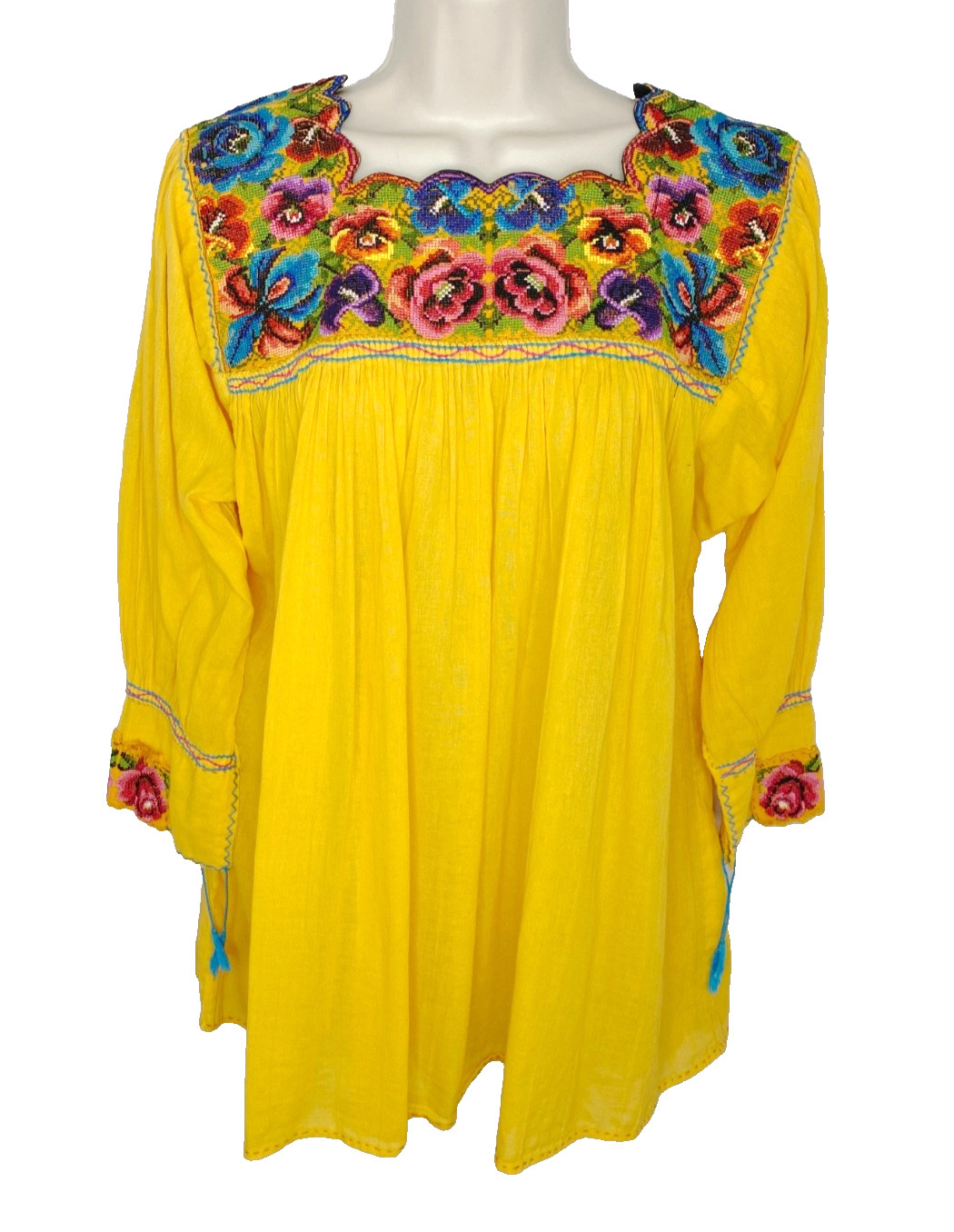 Vintage yellow floral embroidered tunic top long sleeves pink blue cotton boho