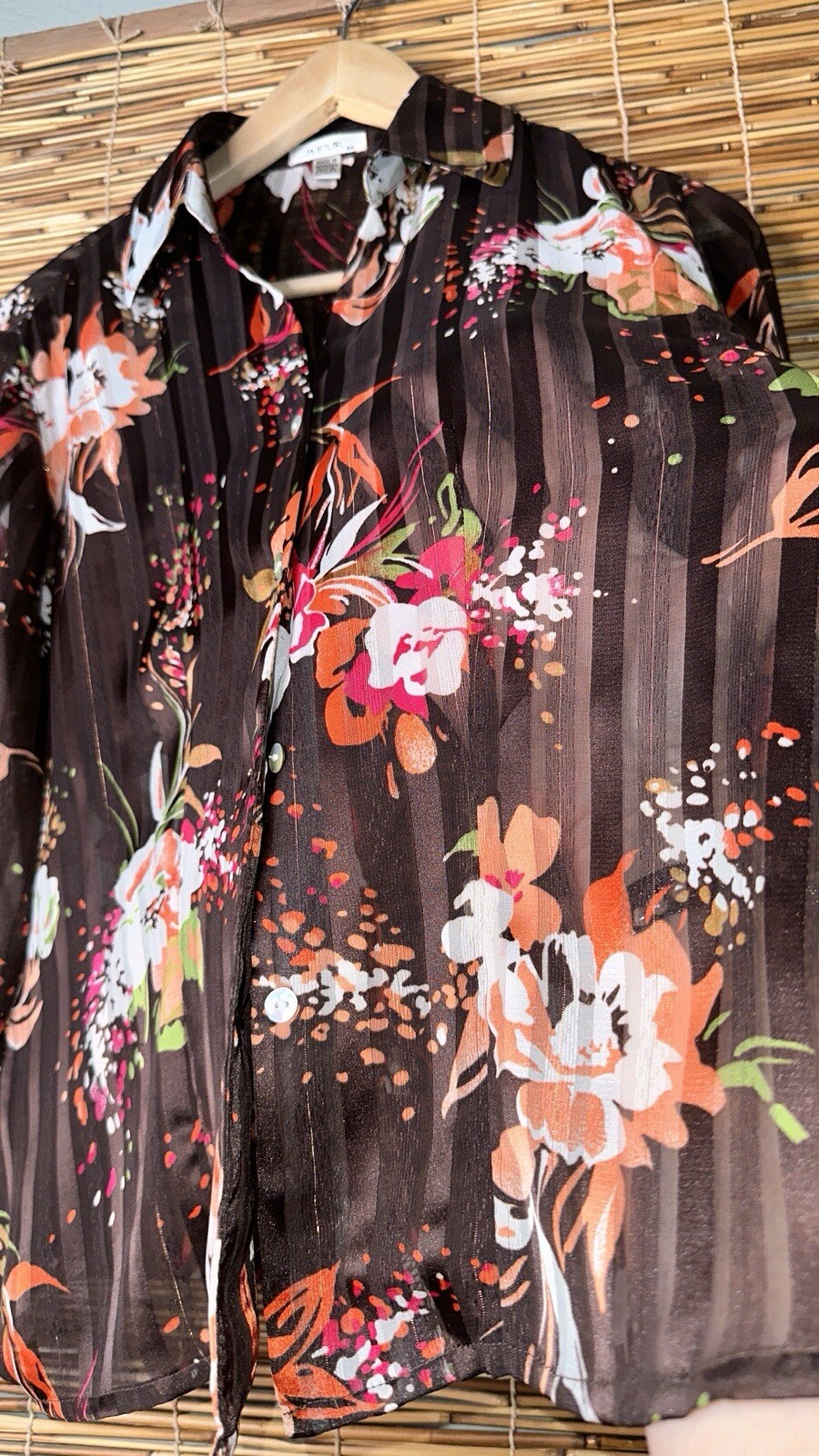 Vintage Jaipur Women’s Blouse Brown Sheer Floral 3/4 Sleeve Rose Gold M