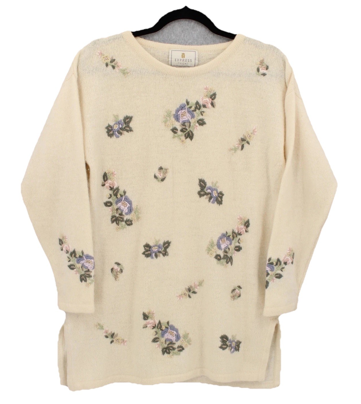 Express Tricot Sweater XS Lambswool Angora Floral Embroidered Vintage