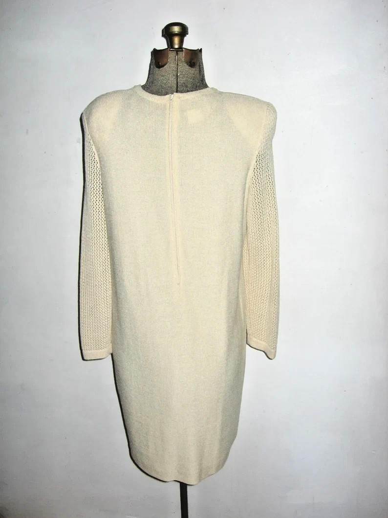 VTG Scaasi Cream Big Gold Buttons Jersey Crochet Mesh Stitch Knit Short Dress