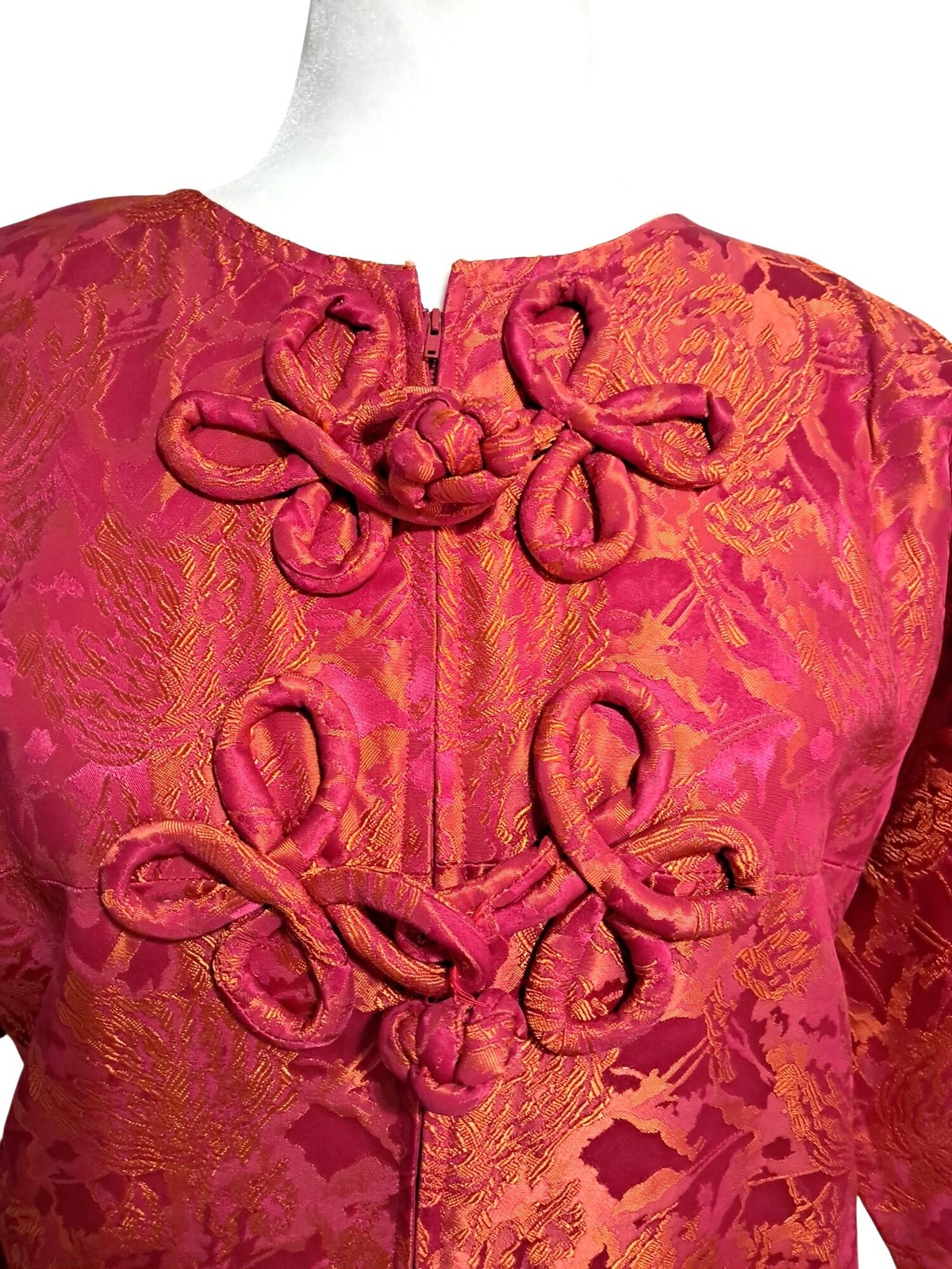 Vintage Pink & Orange Brocade Kimono Dress With Mandarin Collar Frog Buttons Hel