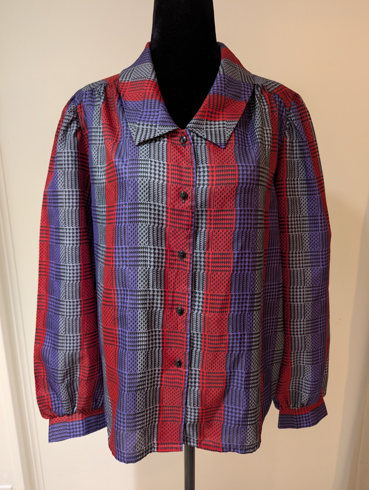 Vintage 1970s Donnkenny Long Sleeve Button Up Shirt Large Red Blue Grey Stripe