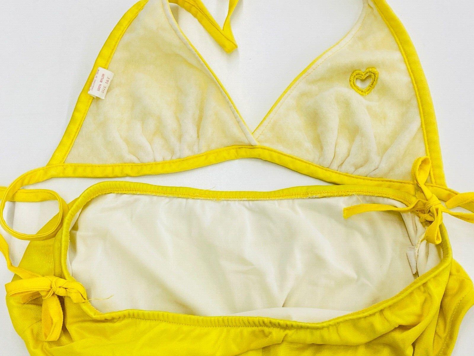 Vintage 1970s yellow string bikini swimsuit high waist halter heart cut out XS S