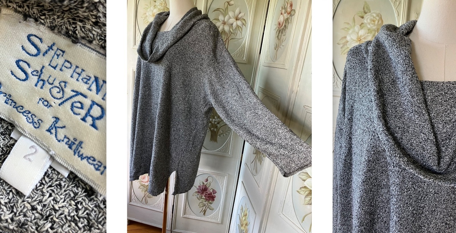 VTG 90s STEPHANIE SCHUSTER GRAY SHAWL COLLAR PULLOVER SWEATER COTTON TUNIC EUC 2