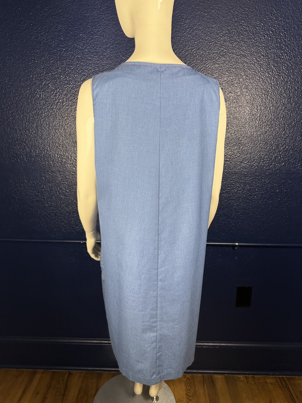 Vintage 1970’s GO-INS by DANVILLE Denim Blue Sleeveless House Dress Mod Bow