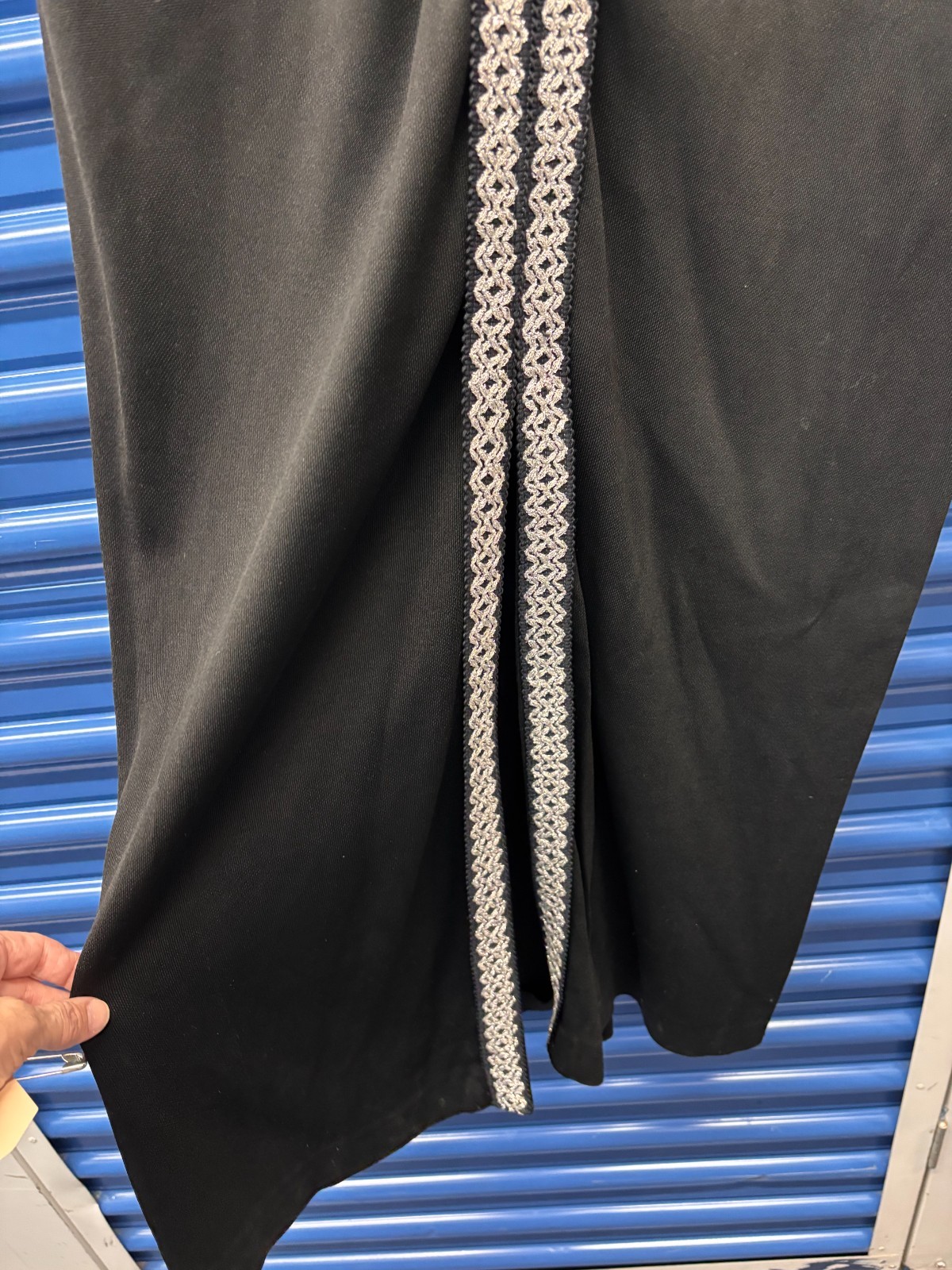 Vintage 70s Black Maxi Dress Mock Neck Metallic Trim Slit L Disco Sonny & Cher