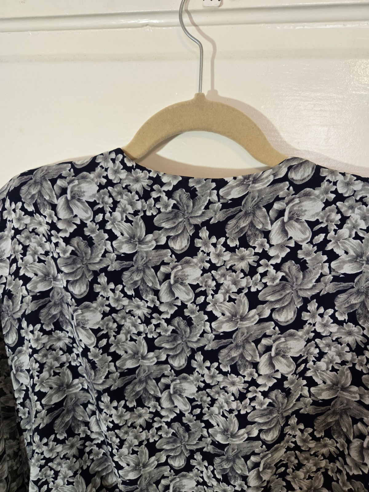Vtg 90s Liz Robert’s Dress 18WP White Black Floral Boat Collar 3/4 Cuff Sleeves