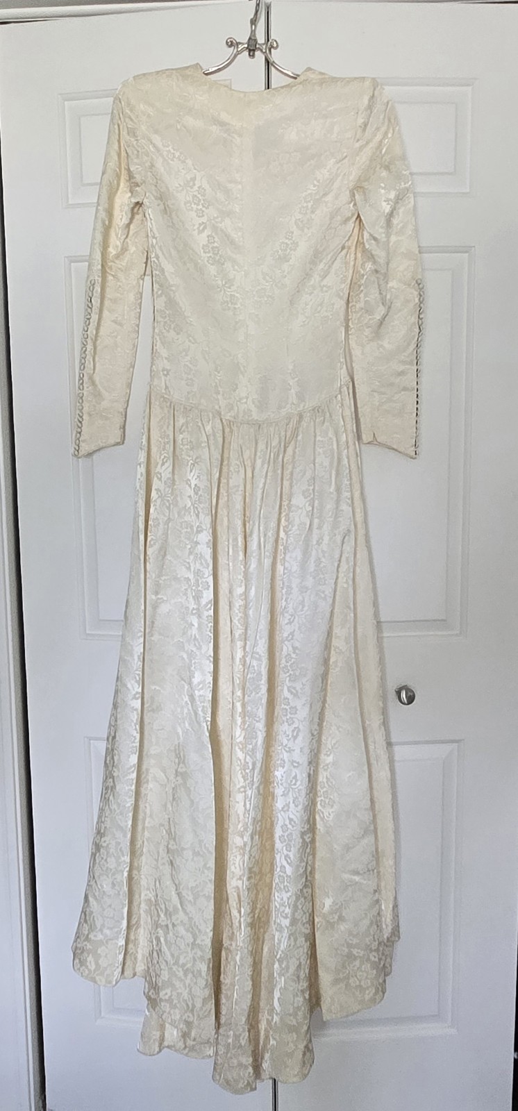 Vtg 80s Jacquard Ivory Floral Wedding Gown, Buttons, Romantic, XS, 0/2