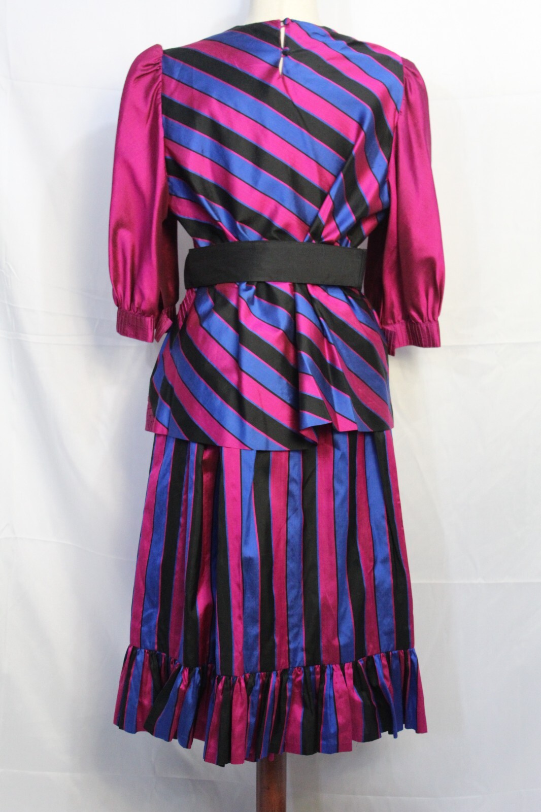 Vintage 1980s 100% Pure Thai Silk 3 Pc Suit Set Handmade Fuchsia Striped Belt