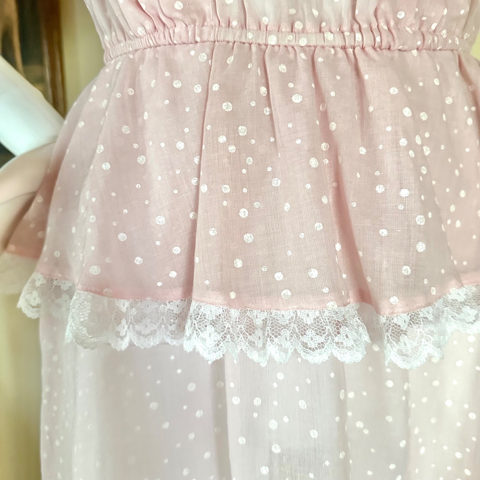 Vintage 1980s New Wave Valley Girl Pastel Pink Polka-dot Peplum Dress S/M