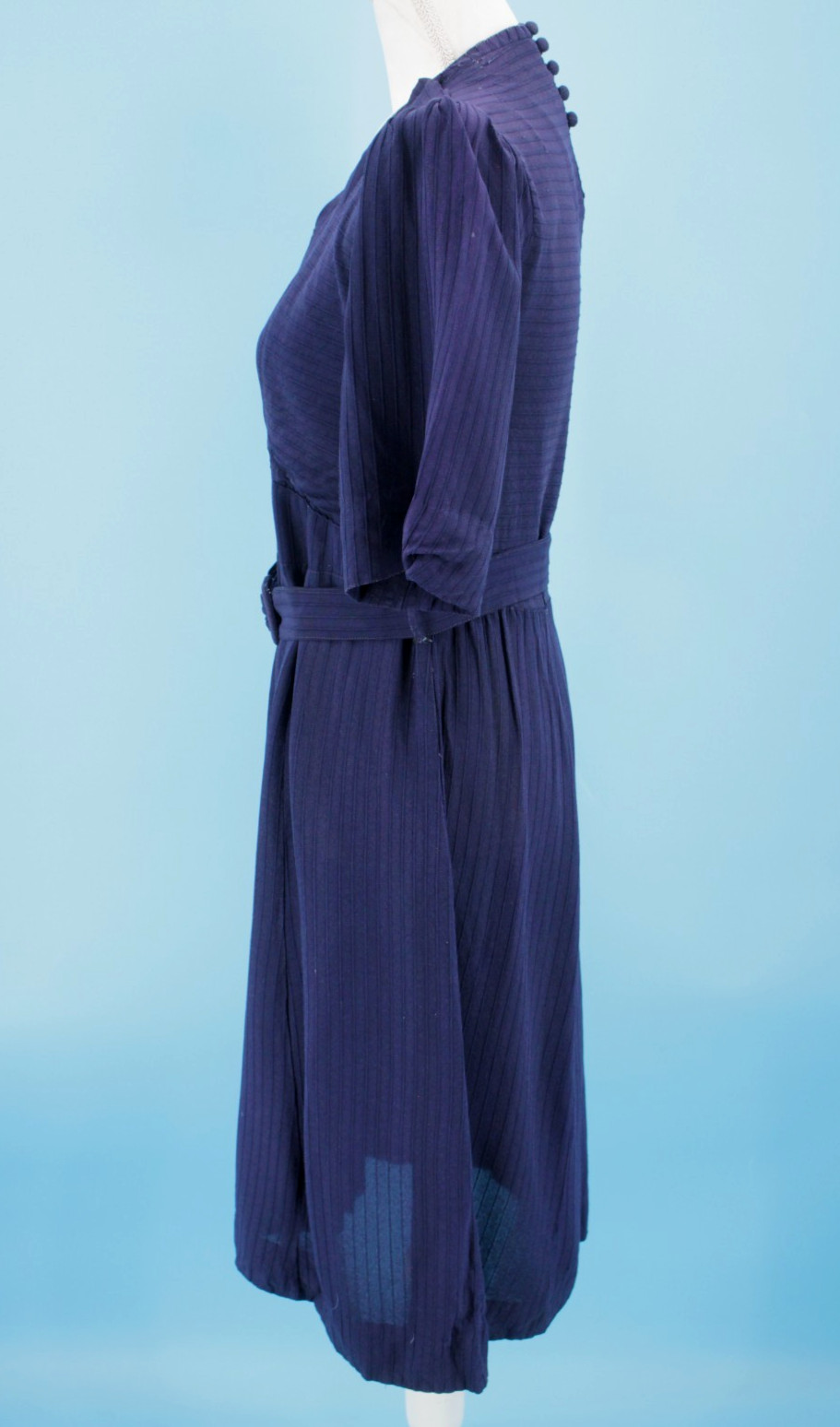 VTG Women’s 30s Navy Blue A Line Midi Dress W/ Belt Sz XS/S 1930s Rayon?