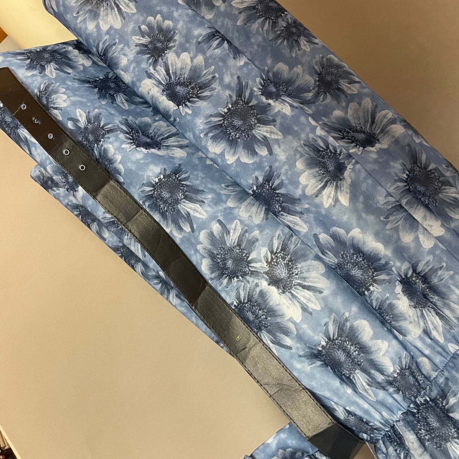 Vintage 80s Floral Dress Women Blue Belted Retro A-Line Belted Collared Eclectic