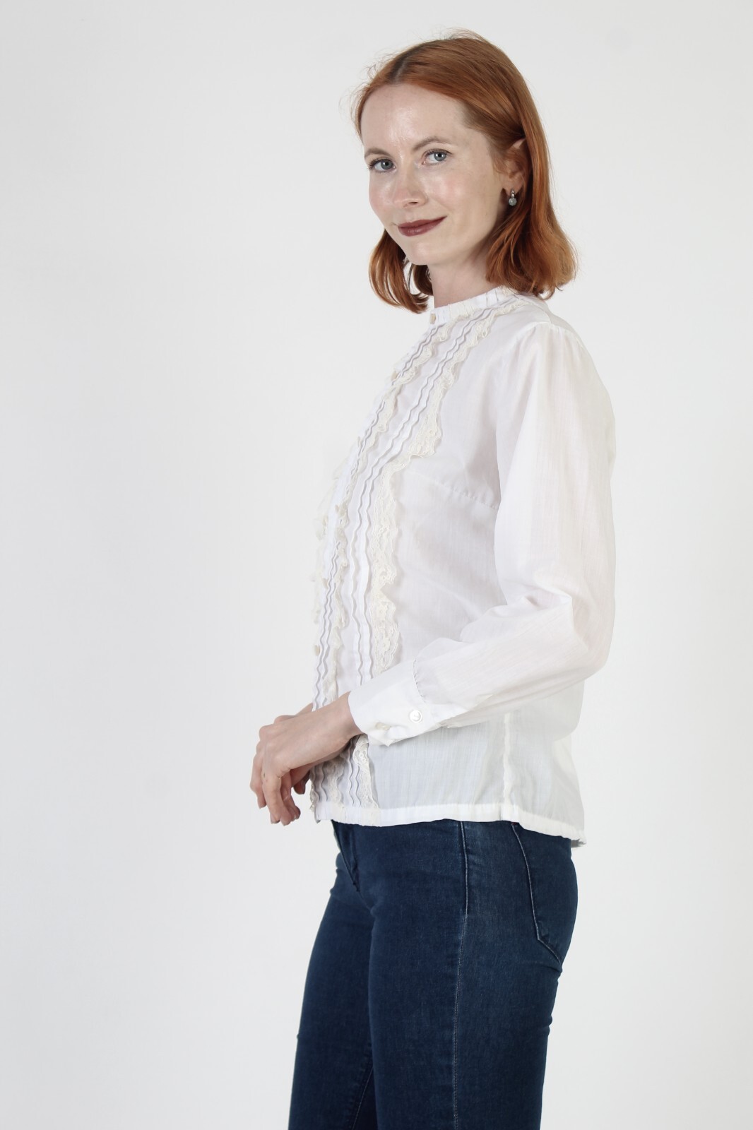 Vtg Off Wht Vertical Pleated Sheer Lace Blouse Victorian Button Up Tunic Shirt