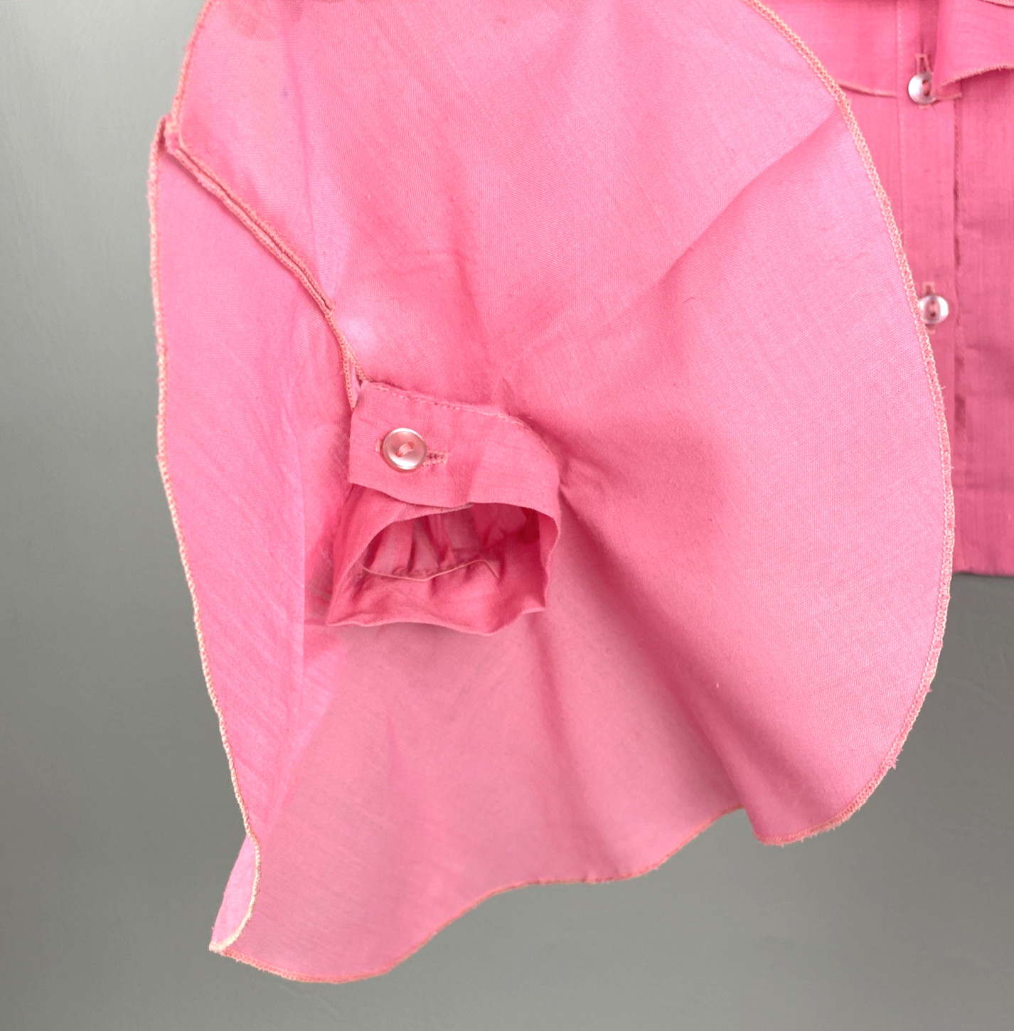 VTG 70s Pink Ruffle Front Blouse Bell Sleeve Button Down Top Womens S Barbiecore
