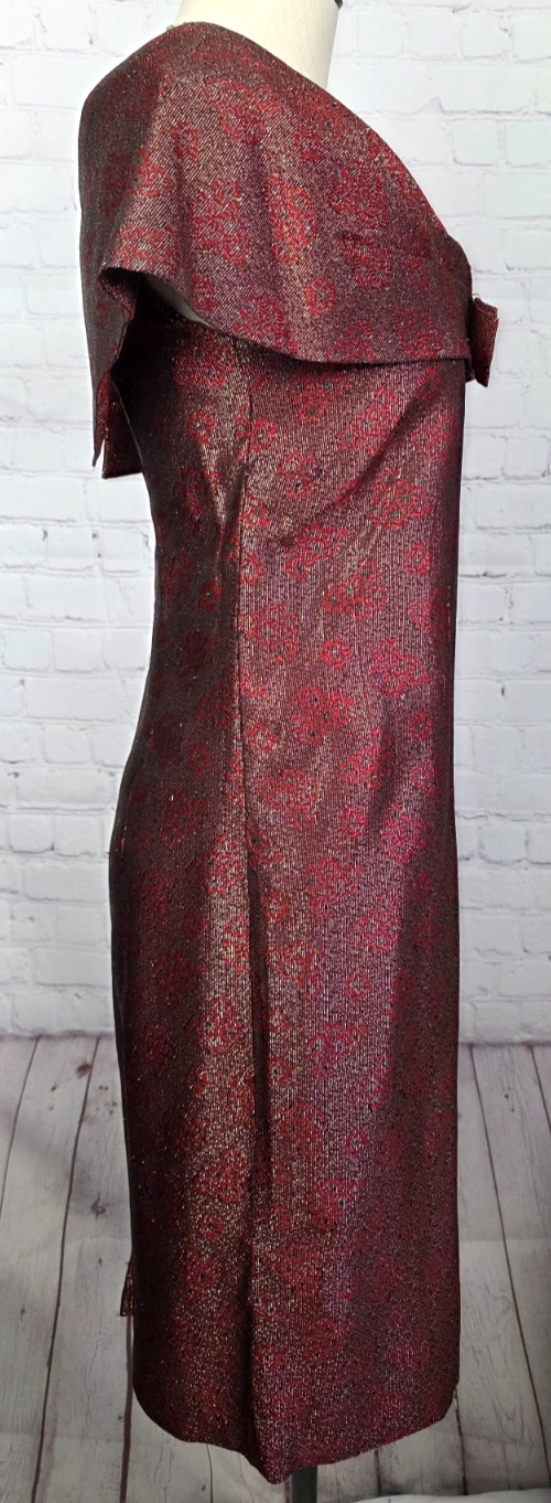 Vintage 60’s Sheath Cocktail Dress Red Gold Metallic Bow Elegant Luxury Glam S/M