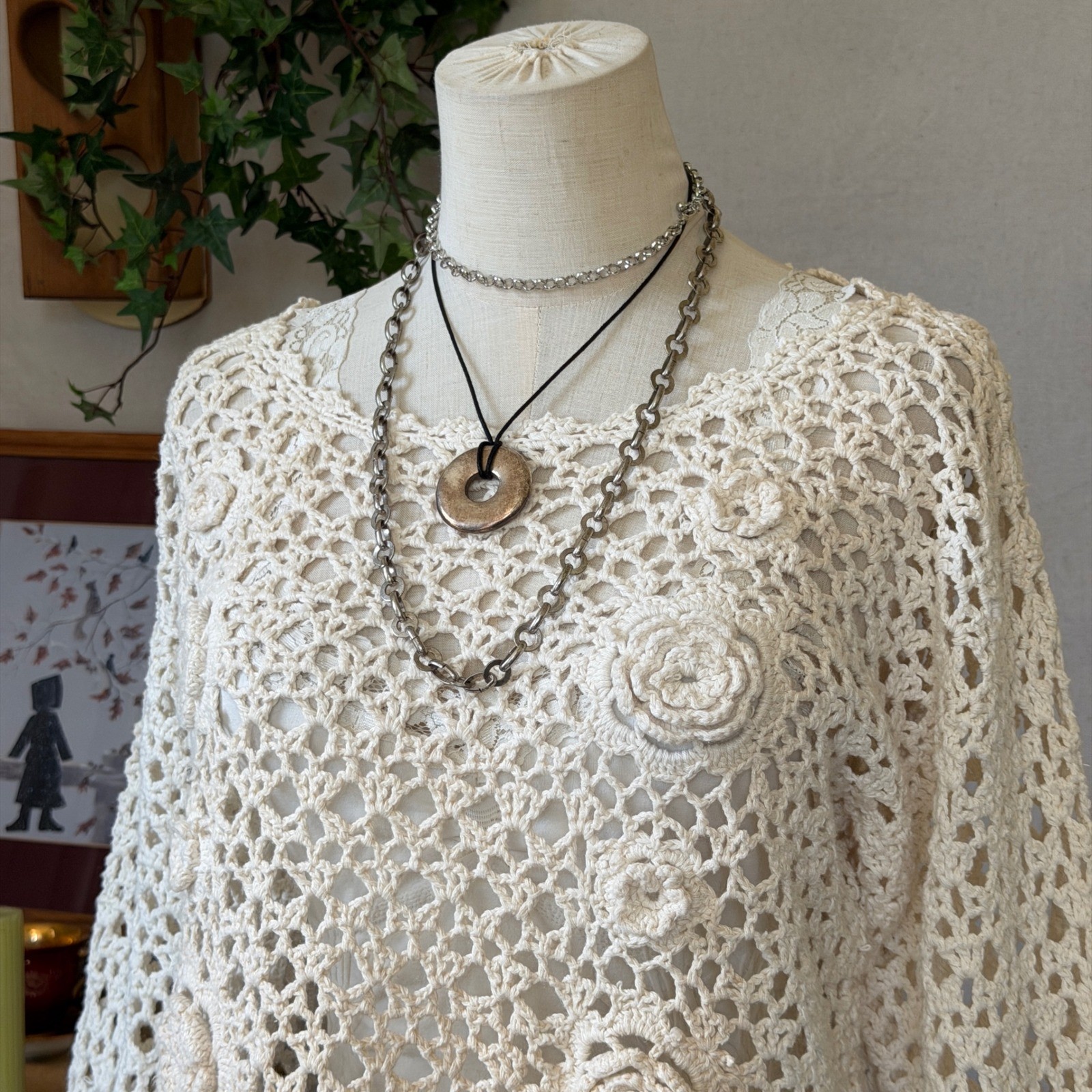 Cream Floral Crochet Long Sleeve Top Boho Vintage Overlay Sheer Tunic Sweater