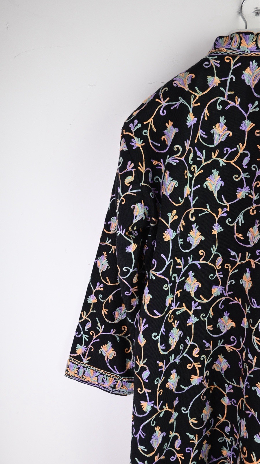 Vintage embroidered kashmiri jacket in black with lavender/gold size UK10