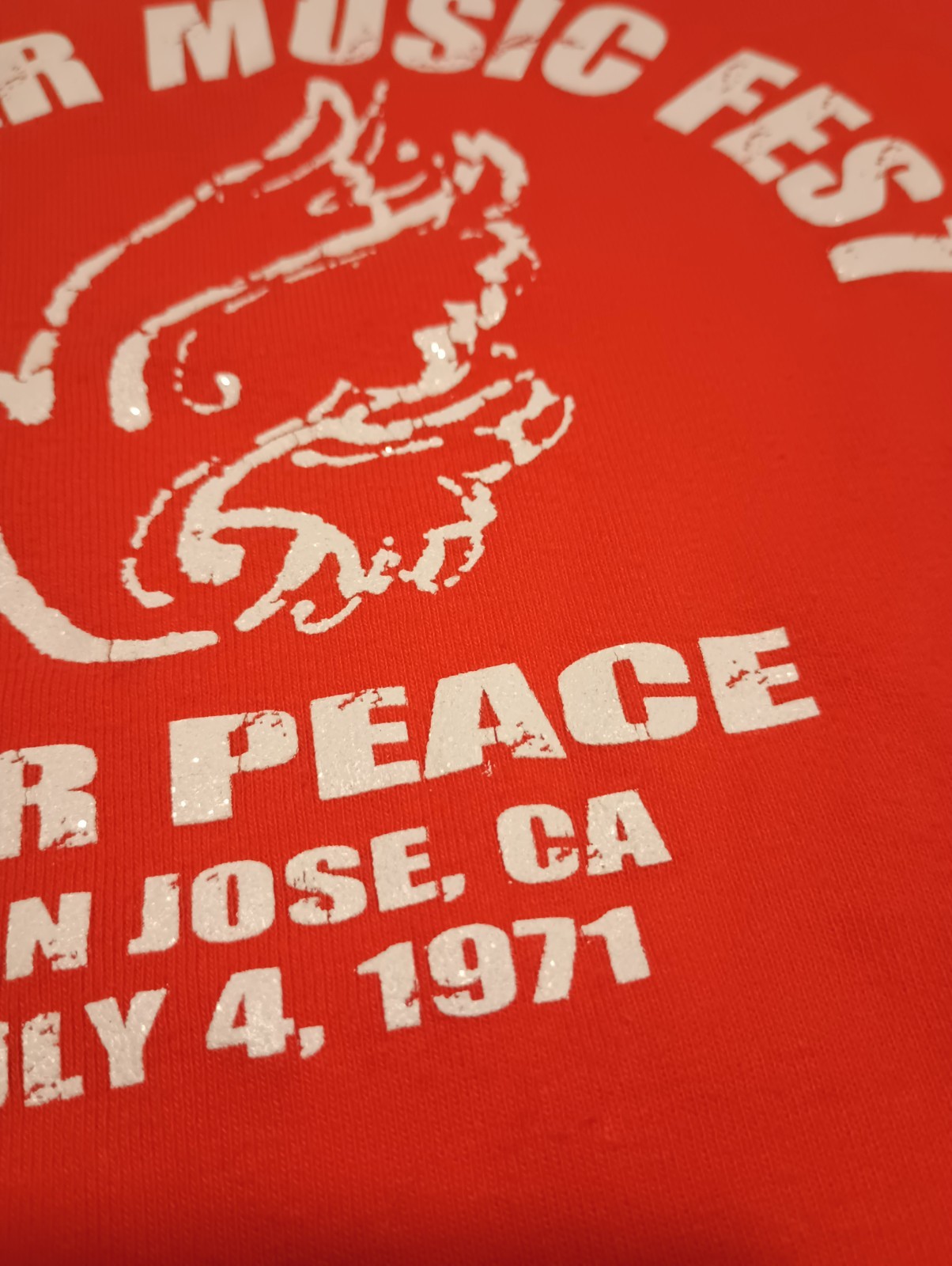 Vtg 70s SUMMER MUSIC FESTIVAL 1971 San Jose 4 Peace Glitter Orange T Shirt Top M