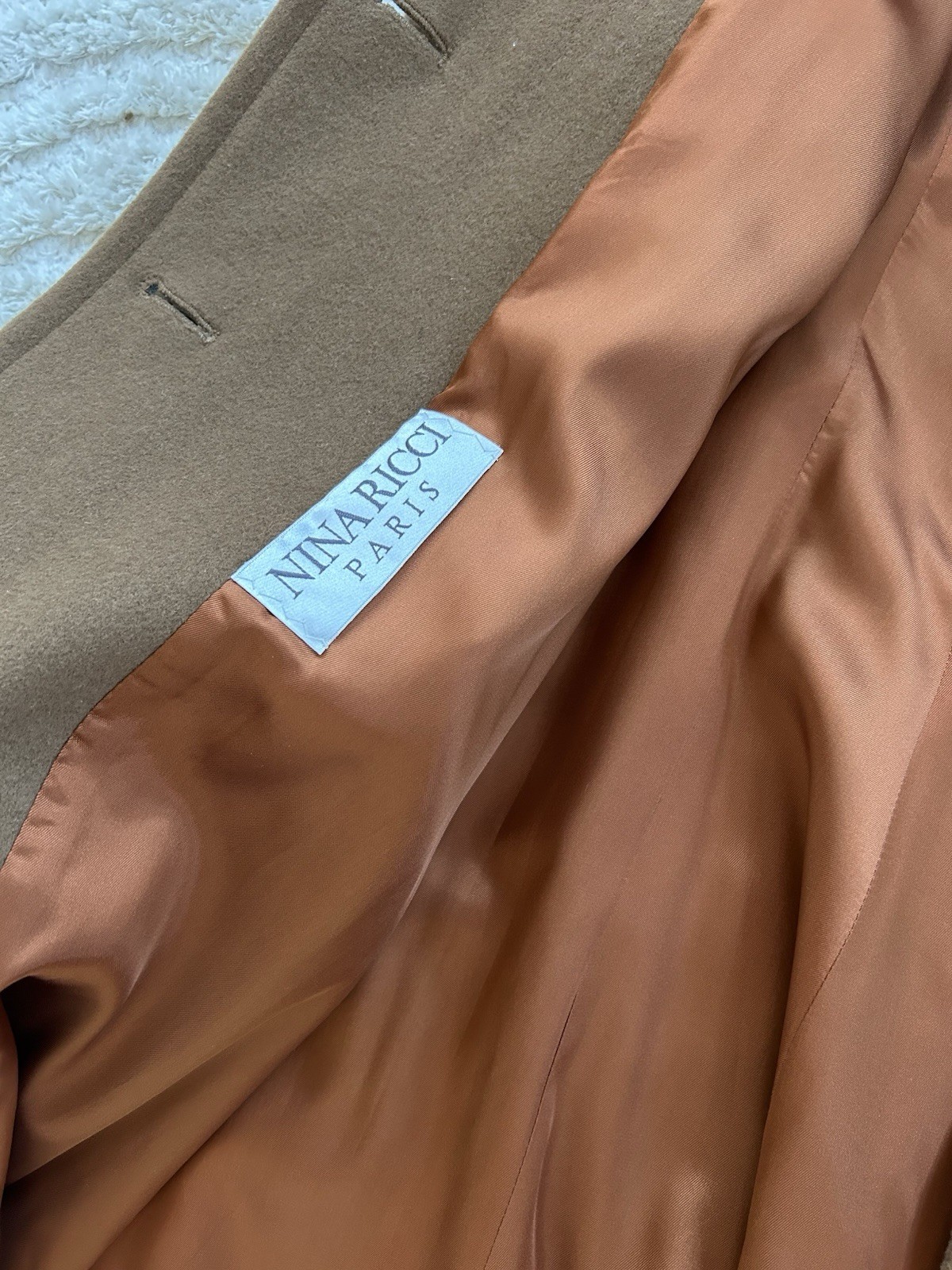 Nina Ricci Vintage 80s Camel Wool and Cashmere Blend Coat With Plush Collar
