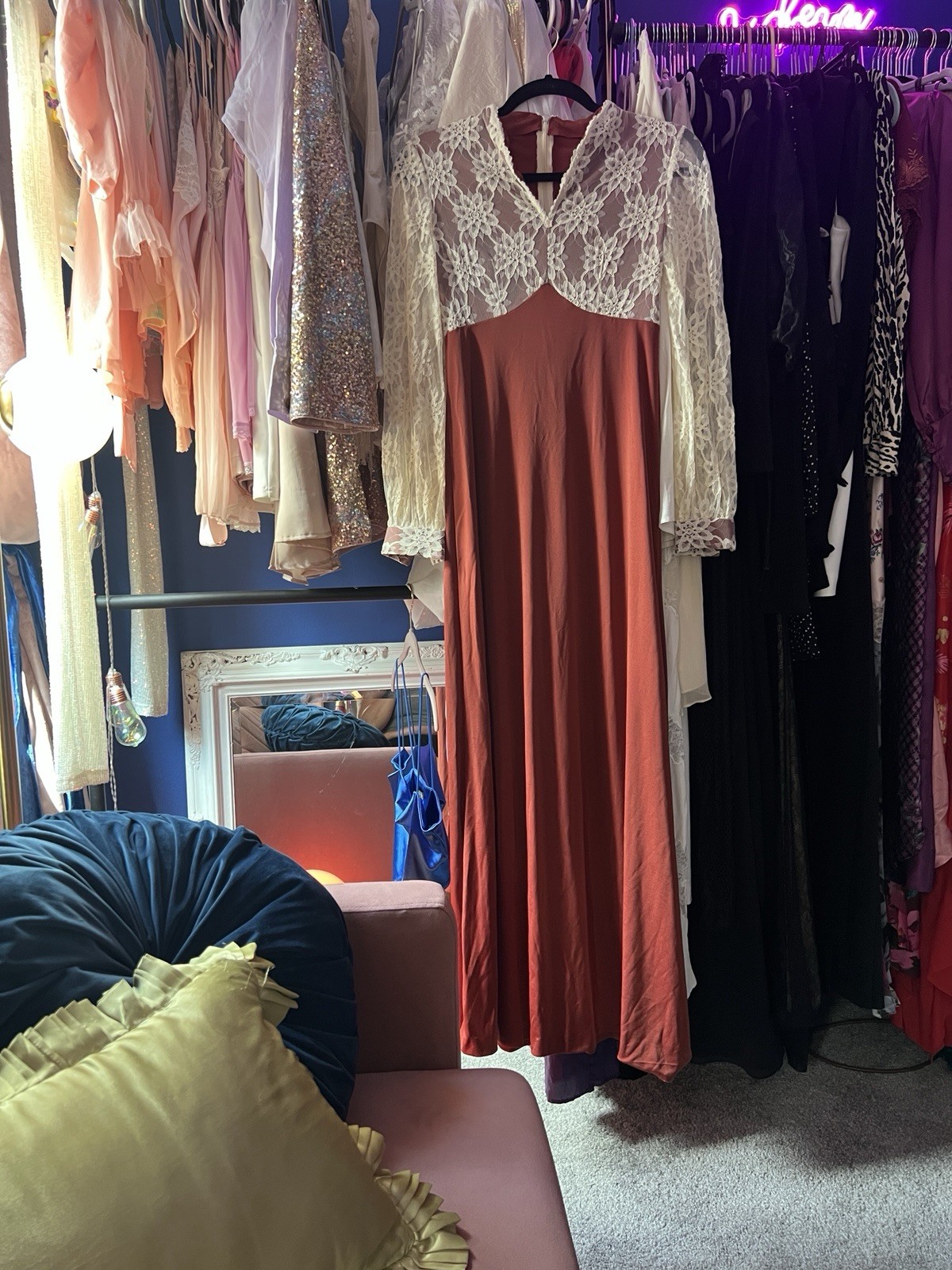 Handmade Vintage Dress 70s Cream Lace Rust Burgundy Gown Maxi Long Sleeve S/M
