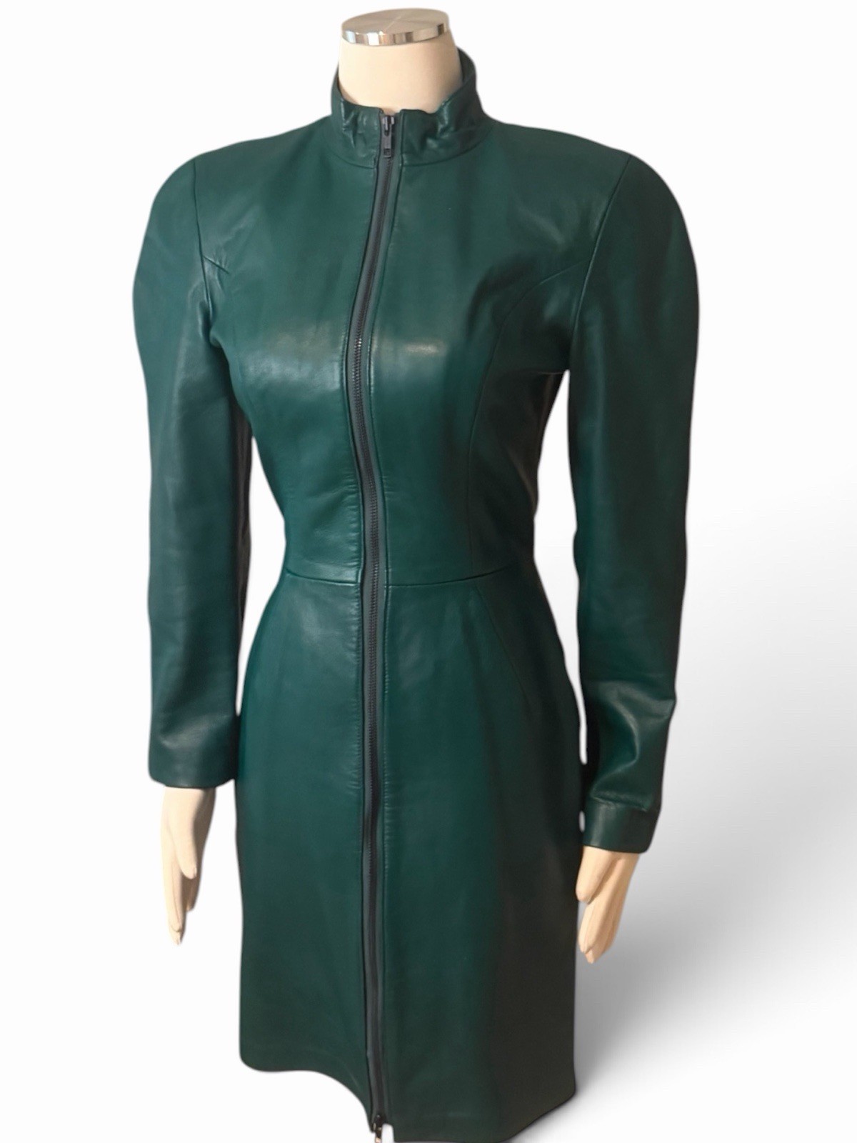 VTG Michael Hoban North Beach Green Leather Dress Front Zip S 2