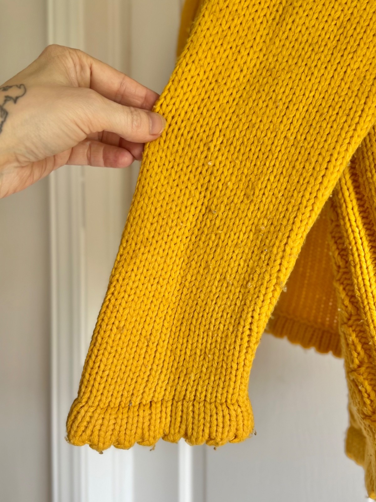 Vintage Hand Knit Mustard Yellow Button Up Sweater Chunky Cardigan