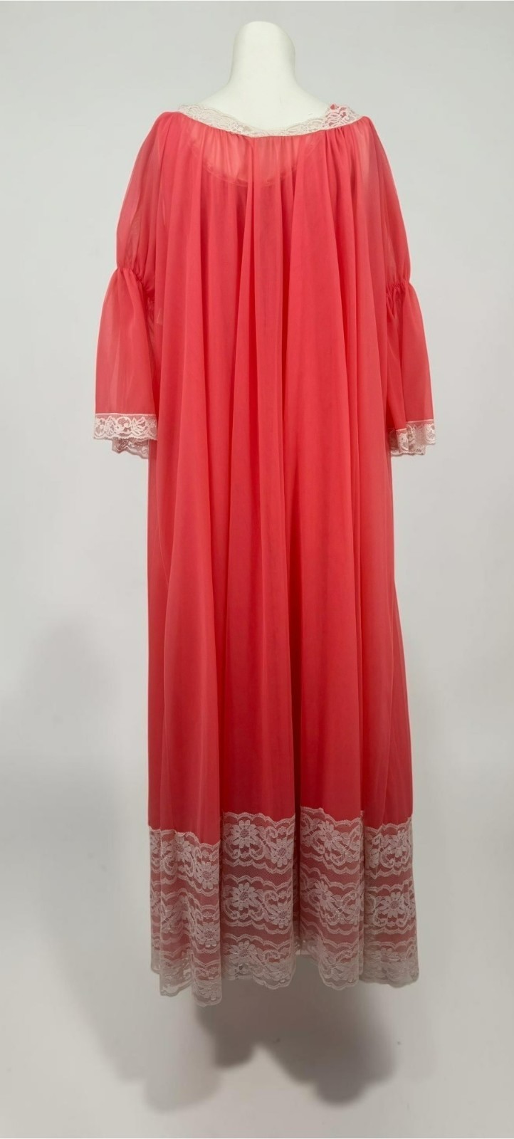 VTG L/XL Miss Elaine Coral Db Sheer Chiffon Peignoir Robe Nightgown Set Bell Slv