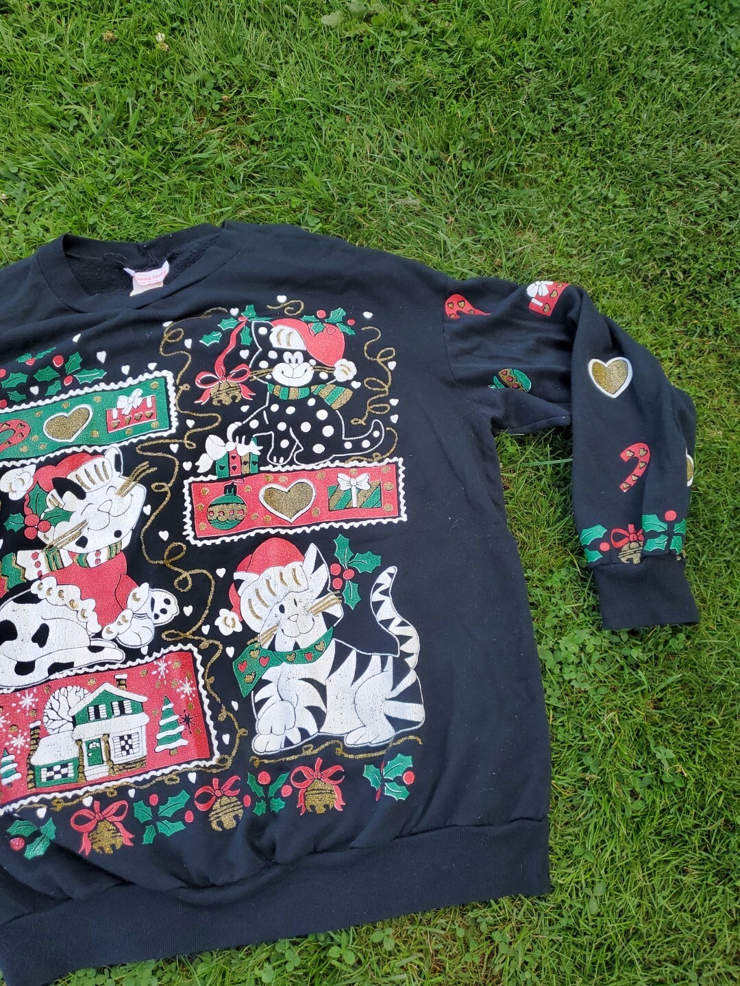Vintage Young Stuff Cat Kitten Christmas Sweater Top Black 80s Xmas