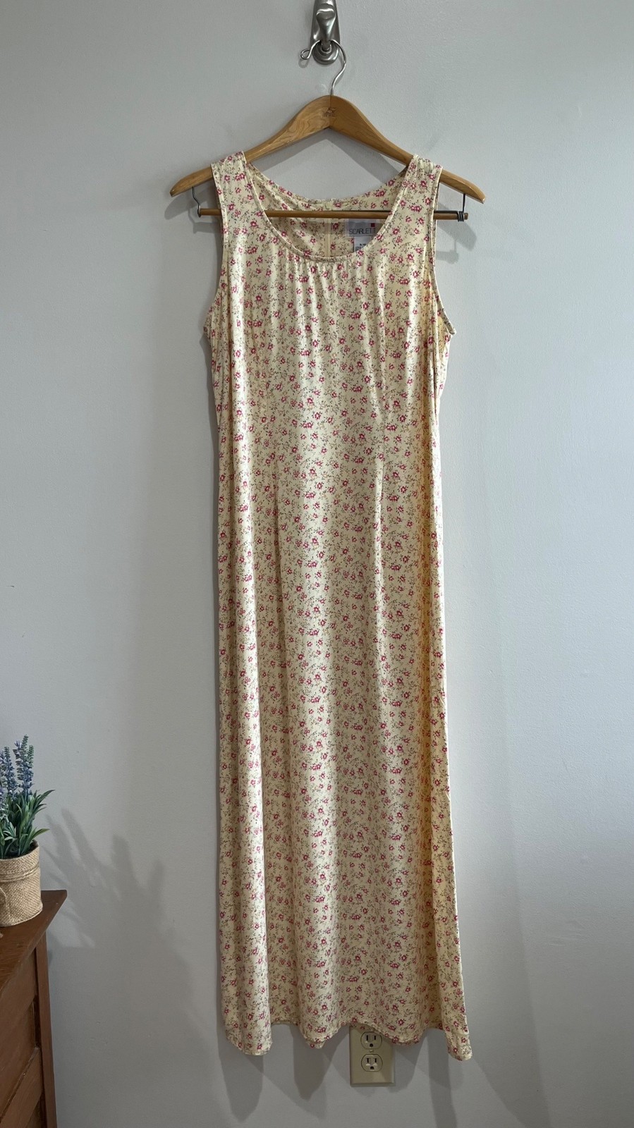 Scarlett Vtg 90s Maxi Dress Womens 9/10 Yellow Ditsy Floral Sleevless 100% Rayon