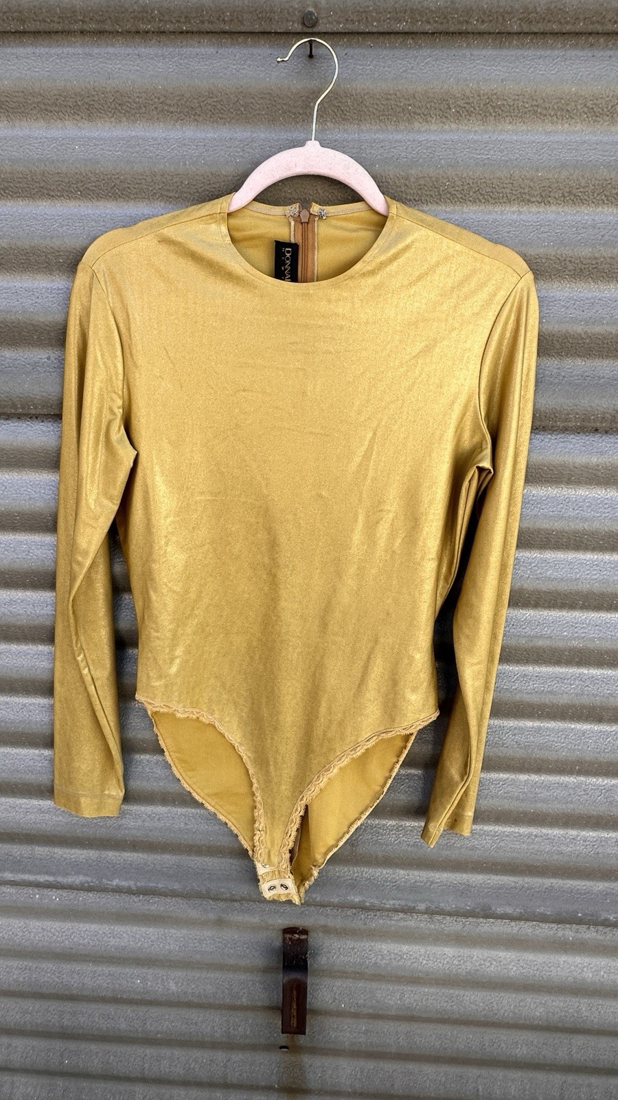 Medium 1990s Bodysuit Donna Karan Designer Long Sleeve Gold Sheen