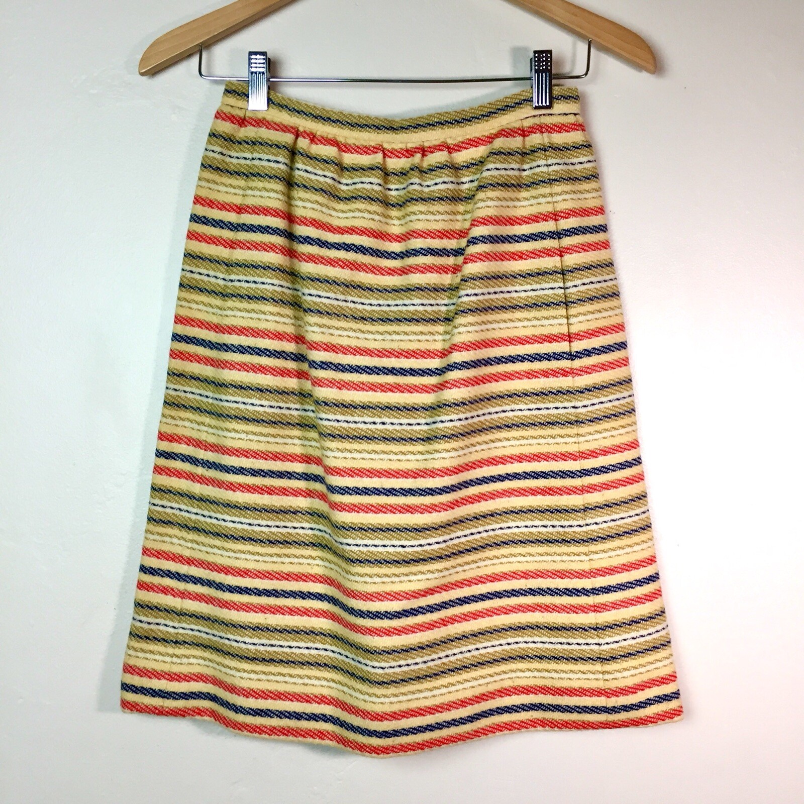 Majestic High Waist Pencil Skirt 1960’s Union Striped Wool Yellow Blue XS / 25