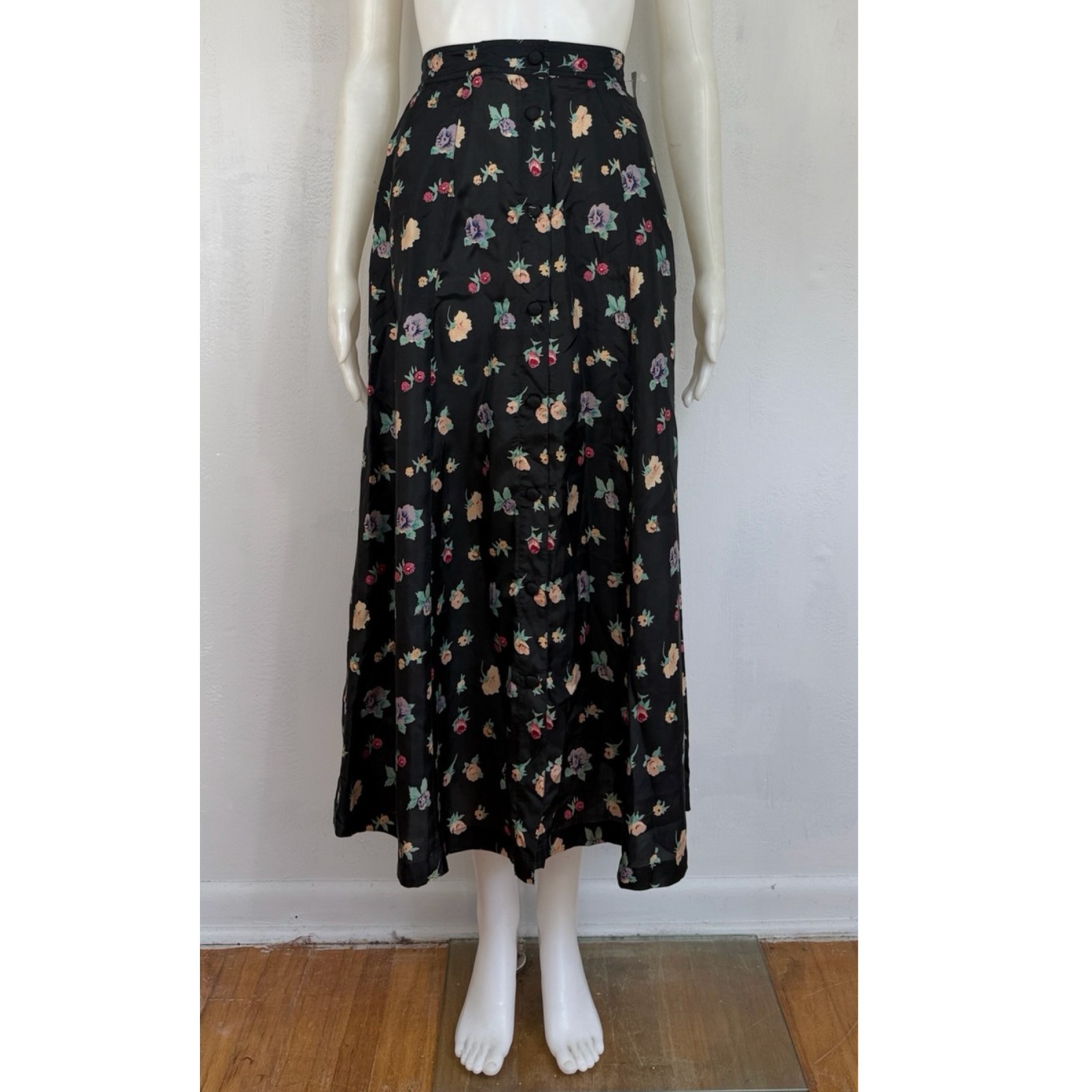 Vintage 100% Silk Floral Skirt Top Set Size Small Black Two Piece Midi Outfit