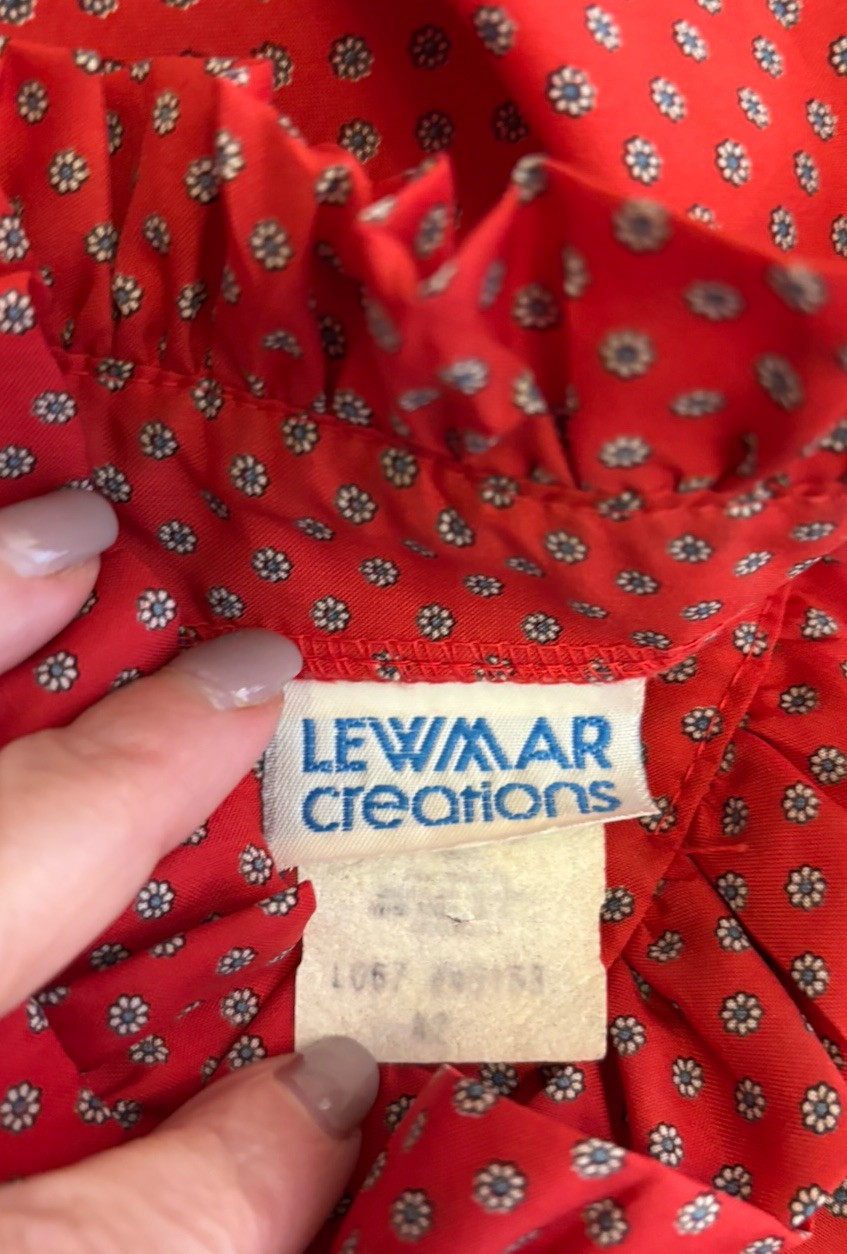 Vintage LEWMAR 1970s Red Floral Ruffled High Neck Blouse Secretary Geek XL