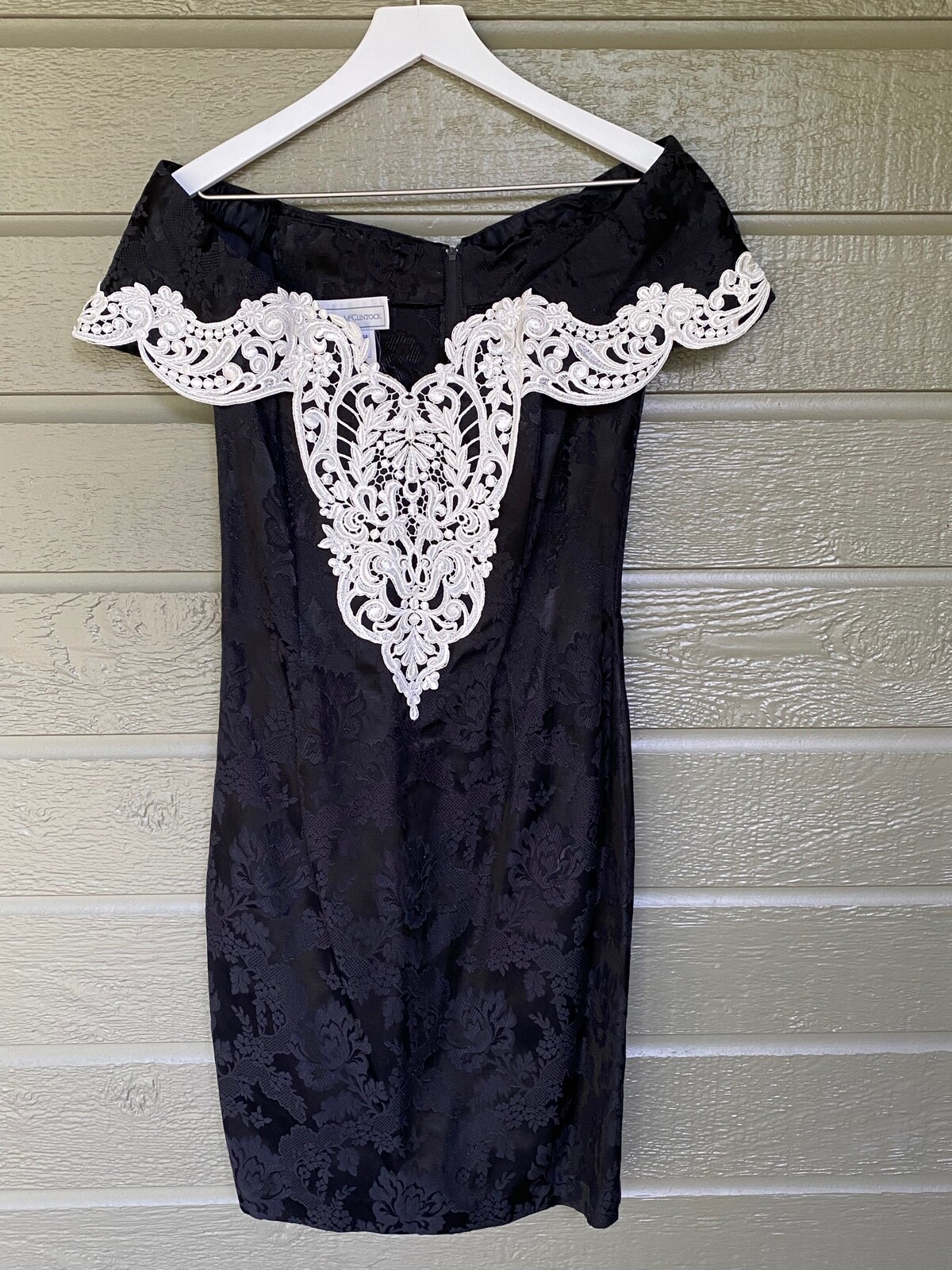 Vintage Scott McClintock Formal Prom Dress Off Shoulder Black w/ White Lace Sz 8