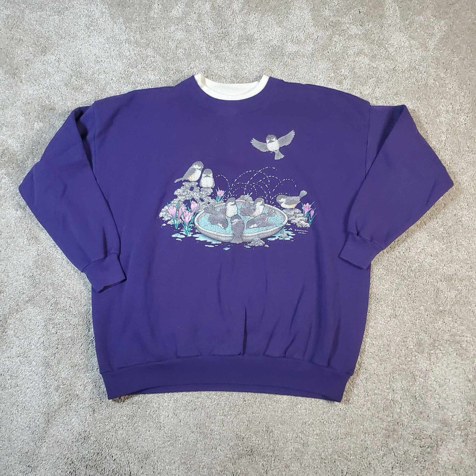 Vintage Morning Sun Sweater Birds Birdbath Made In USA 2X Grannycore Rare