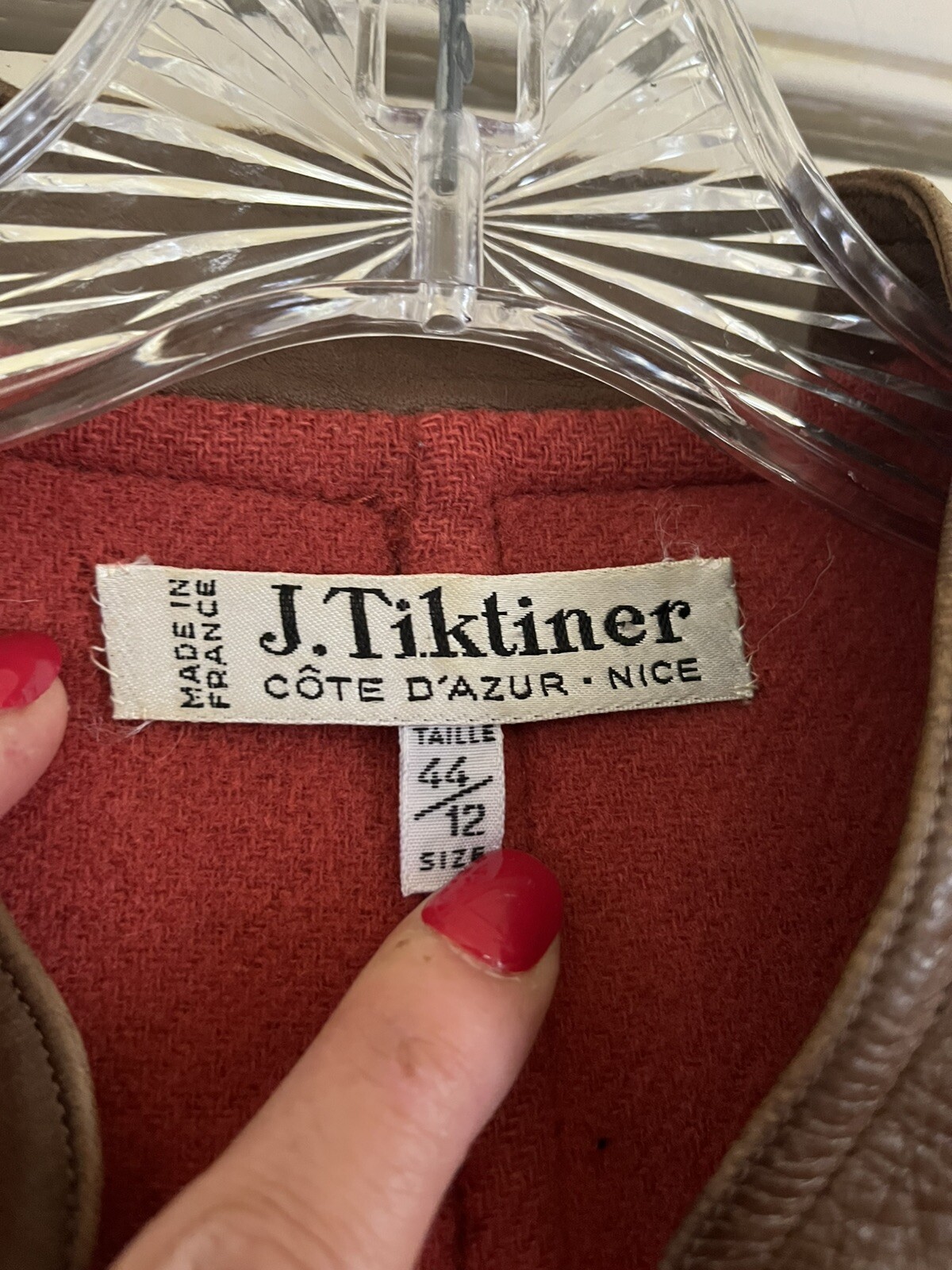 Vintage Wool J. Tiktiner Made In France Button Front Leather Collar Coat L