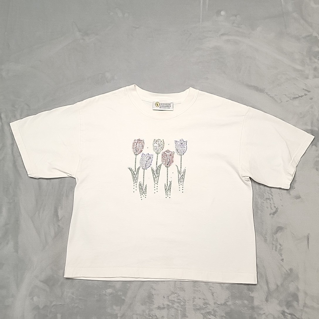 VTG Christine Alexander Shirt Women L White Rhinestone Tulips Floral Made In USA