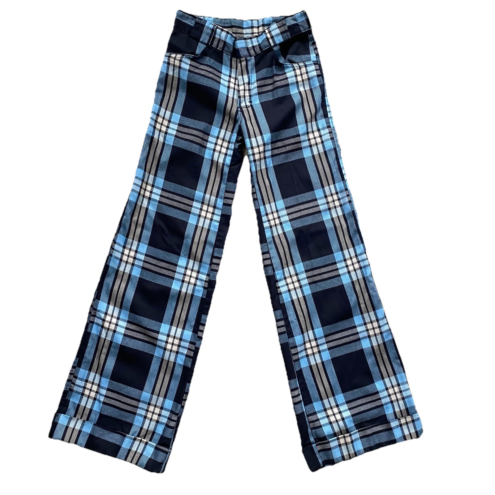 Vintage Plaid Bell Bottoms 27×32 Big Bell Flare Hippie Blue 70s Talon Zip Cotton