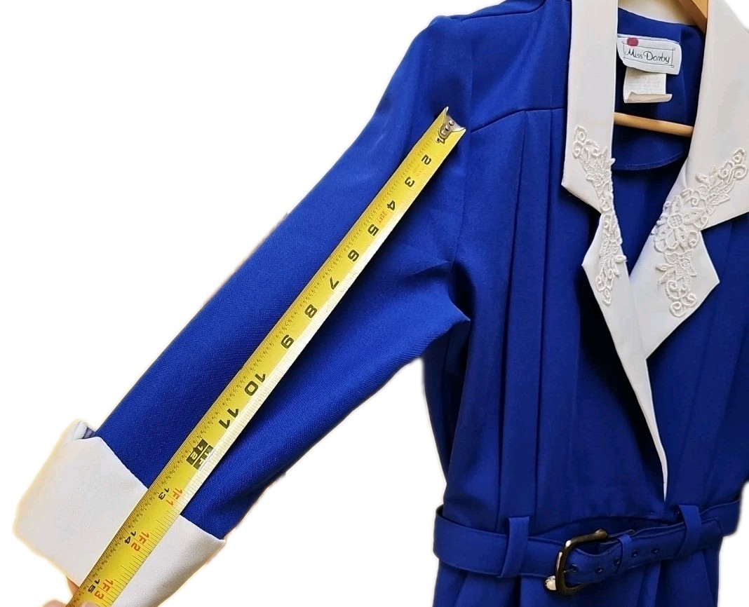 Vtg Miss Dorby Blue & White Double Breasted Belted Blazer Dress 12 P USA ILGWU