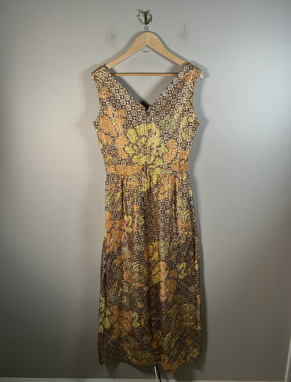 VTG 60s/70s Floral Orange Gold Hippie Psychedelic Long Maxi Dress Hand Made Sz M