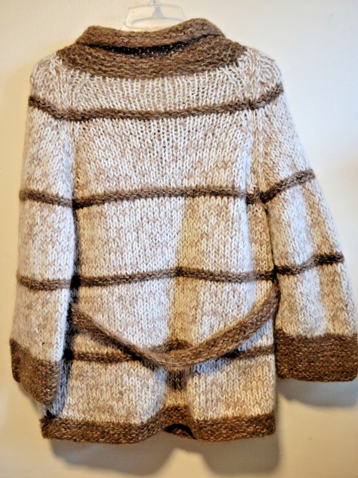 Hand Knitted Italian Wool Mix Shawl Belted Cardigan Brown Cream Vintage 70s Med