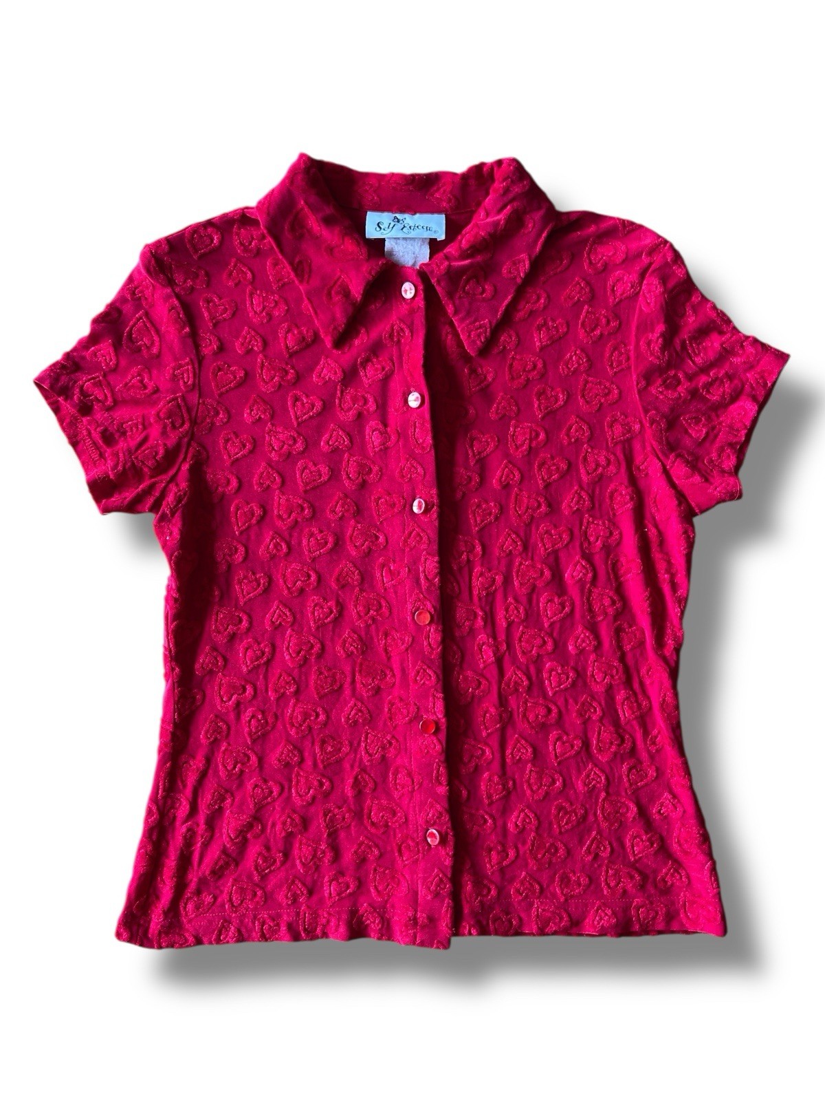 Vintage 90s Self Esteem Heart Print Button Shirt Size Large Valentines Day Y2K
