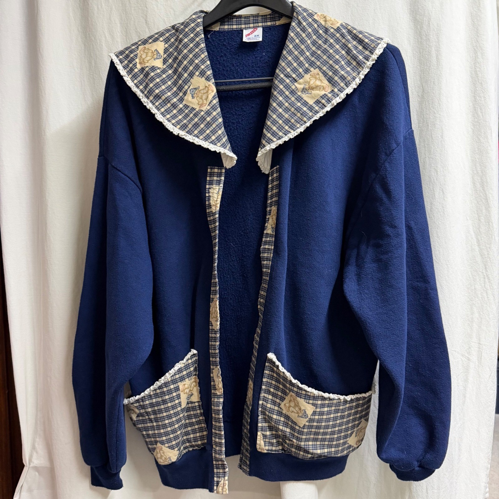 Vintage Jerzees Navy Teddy Bear Plaid Collar Fleece Cardigan 2X USA Cottagecore