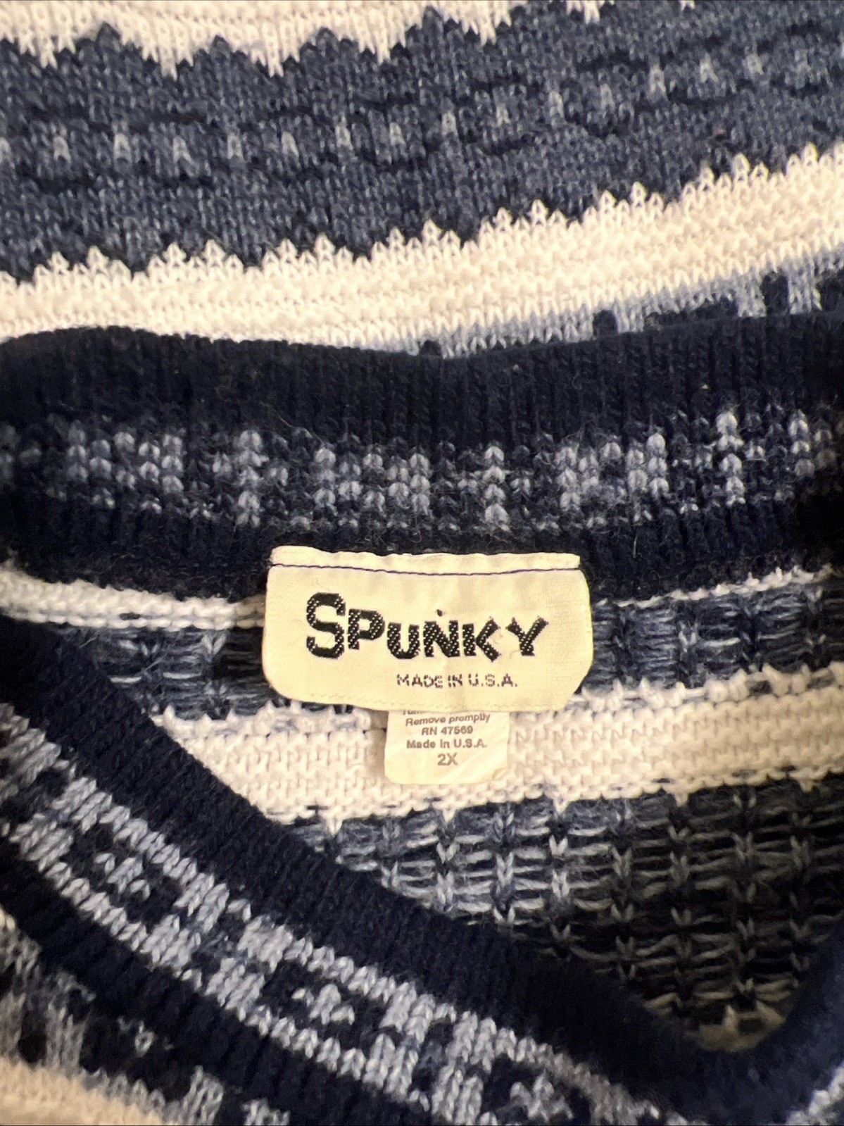 Spunky Vintage Blue And White Sweater 100% Acrylic Made in USA XL/2XL Unisex