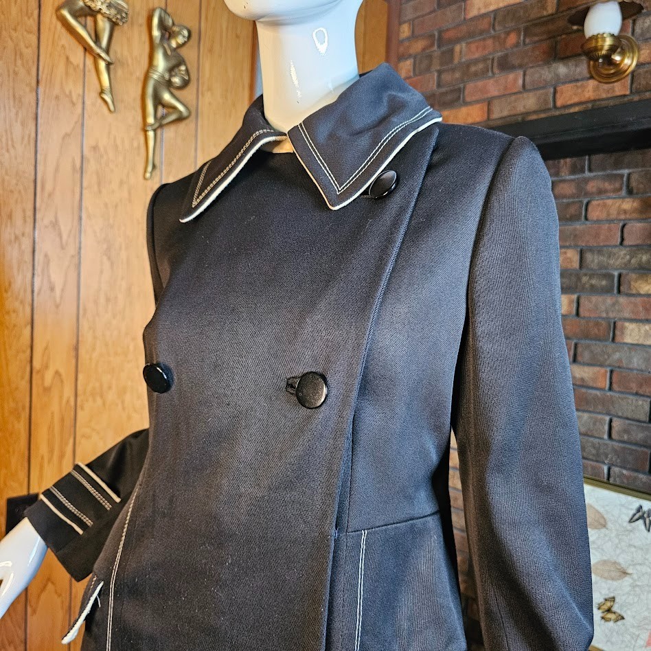 Vtg 60s Mod Youthquake Topstitch Black & White Trench Winter Quilted Rain Coat M