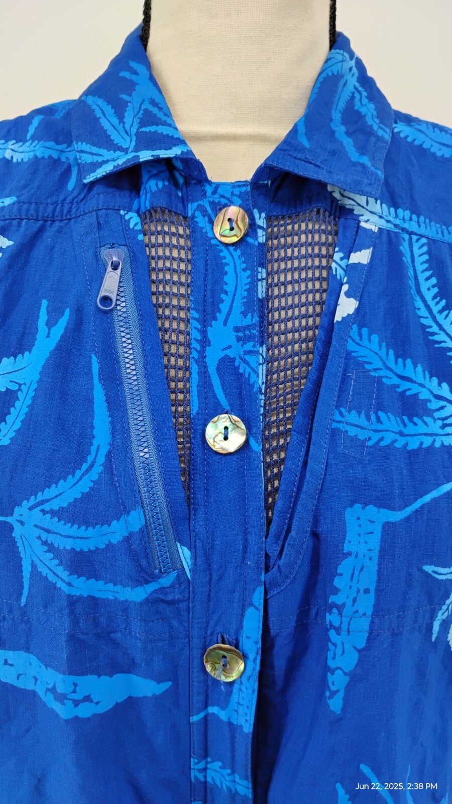 Global Kiwis Dress Vented Button Up Zip Pockets Mesh 100% Cotton Blue Tropical M