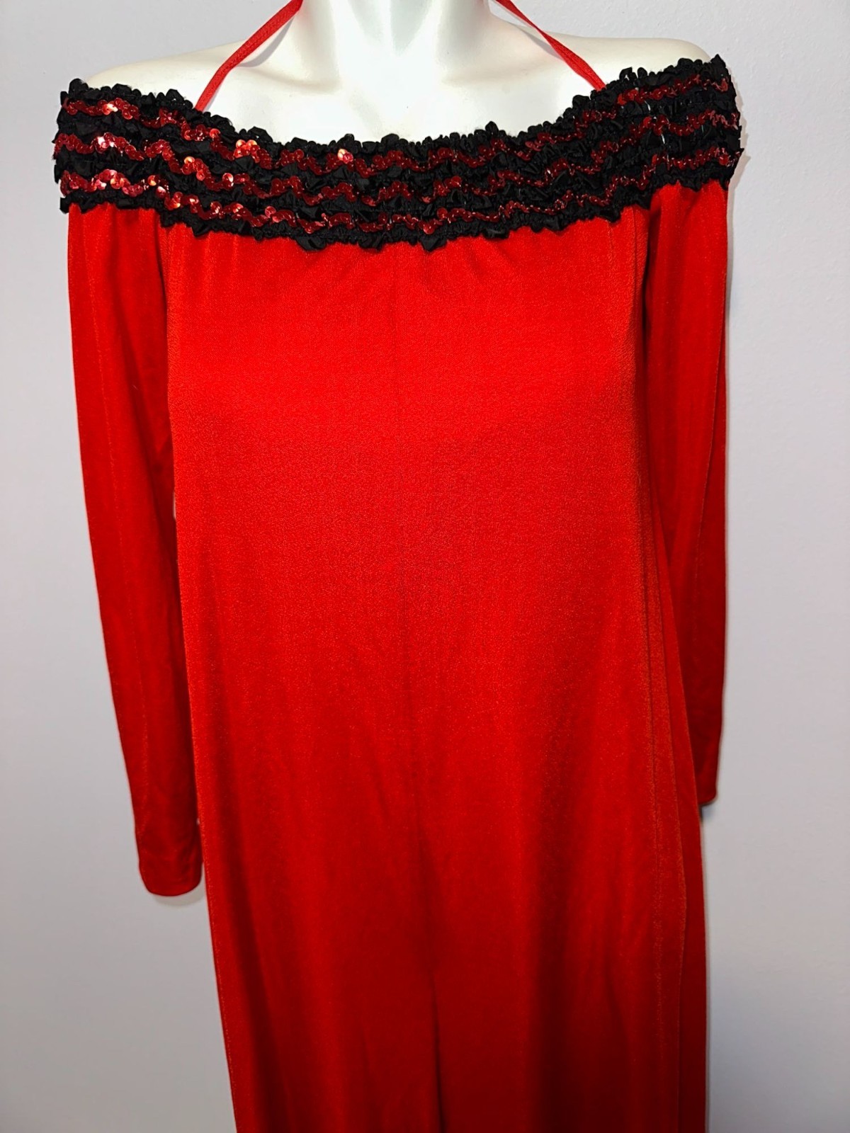 Vtg 70s Lilli Diamond Red Jumpsuit Off Shoulder Black Sequins Womens Size 10