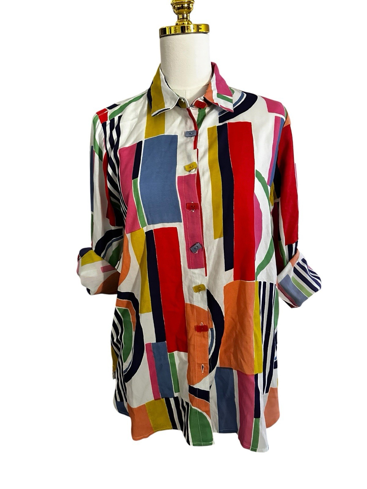 Vintage 90s Take Two Clothing Co Rayon Tunic Blouse L Colorblock Geometric