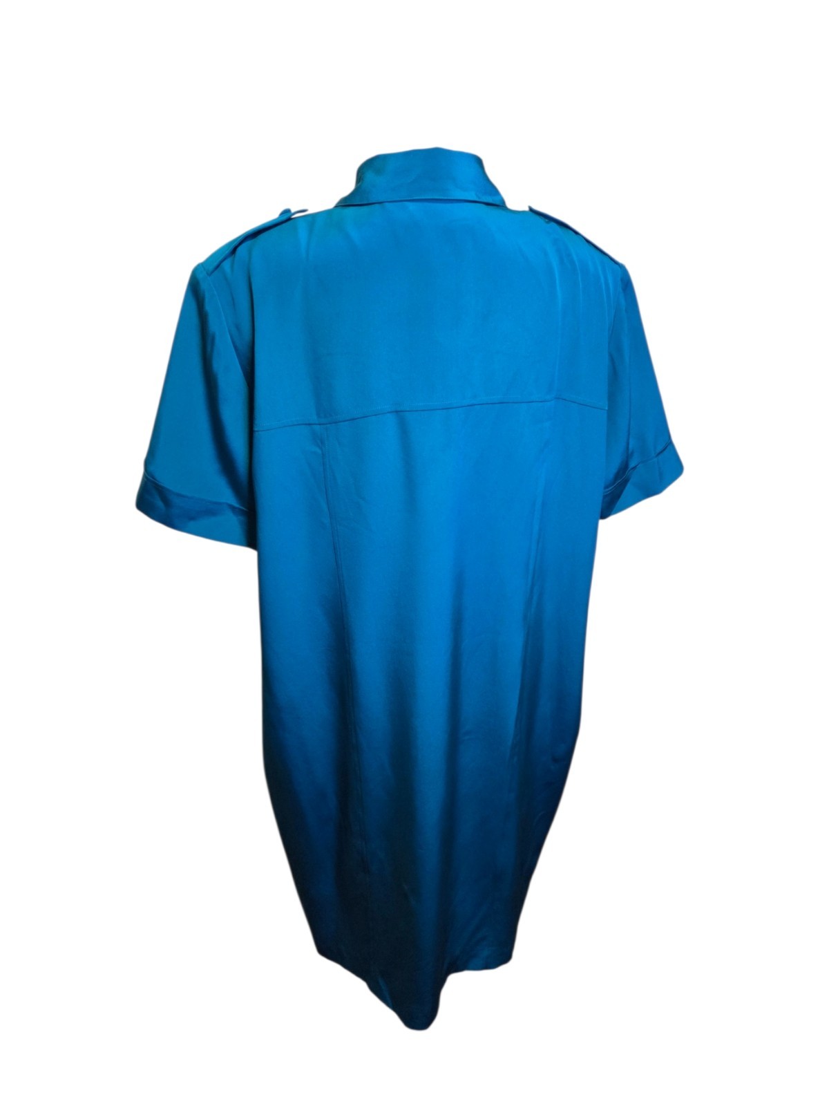 Vintage August Silk 100% Silk Teal Midi Shirt Dress Size 10 Shoulder Pads