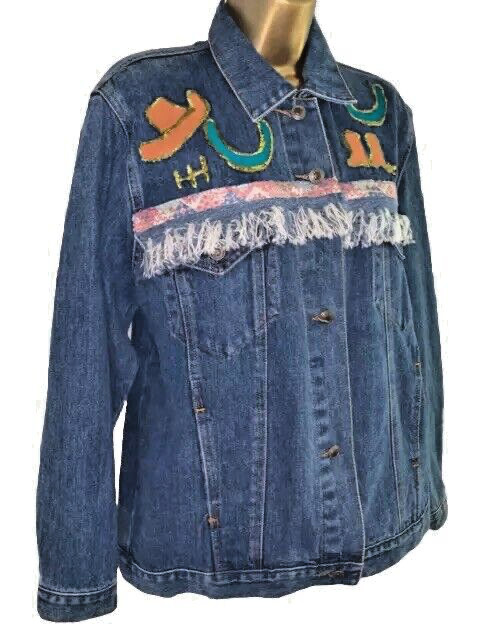 1990s Eccentric SouthWestern Denim Jacket Jean Fringe Appliqué Horse Boot Cactus